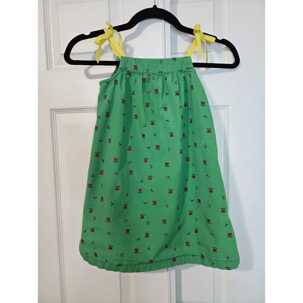 Green Tulip and Bumblebee Print Dress with Yellow Ribbon Tie Straps
